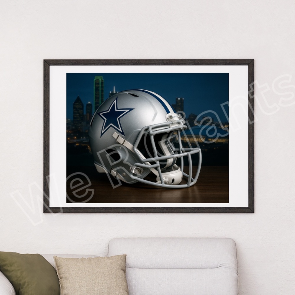 20x16 Dallas Cowboys Football Helmet Art Print • Night Skyline Wall Decor